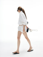 iamxiaa Minimal Stand Collar Half Placket Women's Long Staple Cotton Top & Shorts Sets
