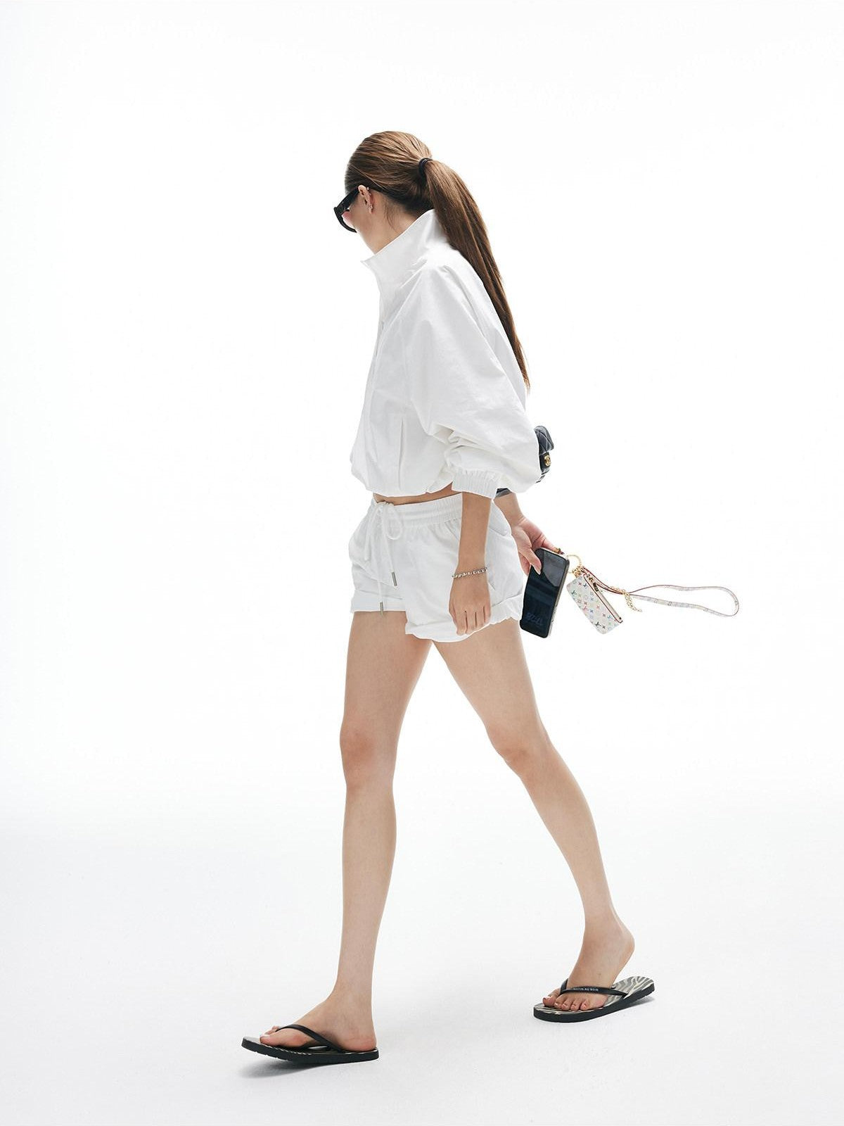 iamxiaa Minimal Stand Collar Half Placket Women's Long Staple Cotton Top & Shorts Sets