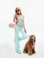 iamxiaa Mint Green Thorn Print Low Rise Drawstring Women's Flare Sweatpants/joggers