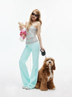 iamxiaa Mint Green Thorn Print Low Rise Drawstring Women's Flare Sweatpants/joggers