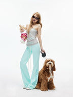 iamxiaa Mint Green Thorn Print Low Rise Drawstring Women's Flare Sweatpants/joggers