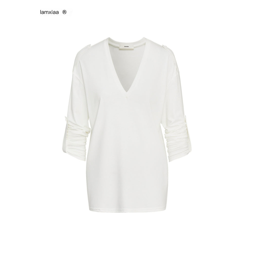 iamxiaa Narrow V-neck Epaulette Sleeve Tab Women's Lyocell Long Sleeve T-shirts 967381953918