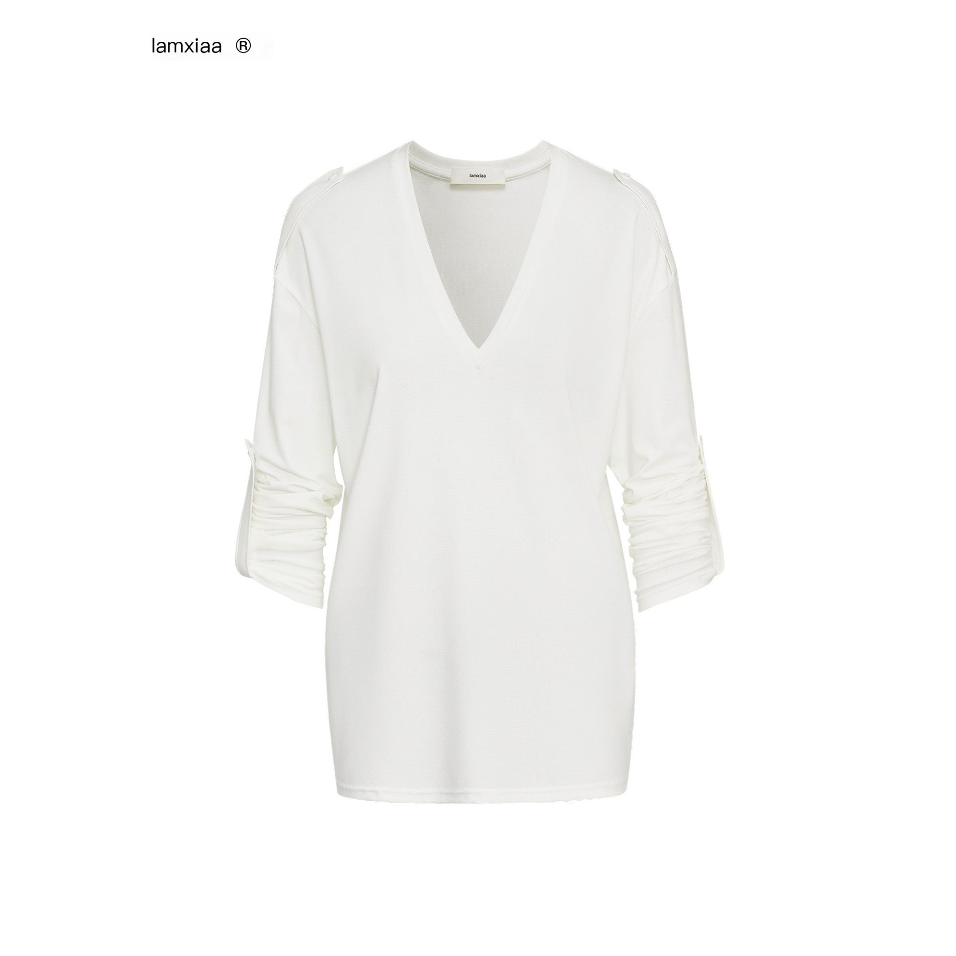 iamxiaa Narrow V-neck Epaulette Sleeve Tab Women's Lyocell Long Sleeve T-shirts 967381953918