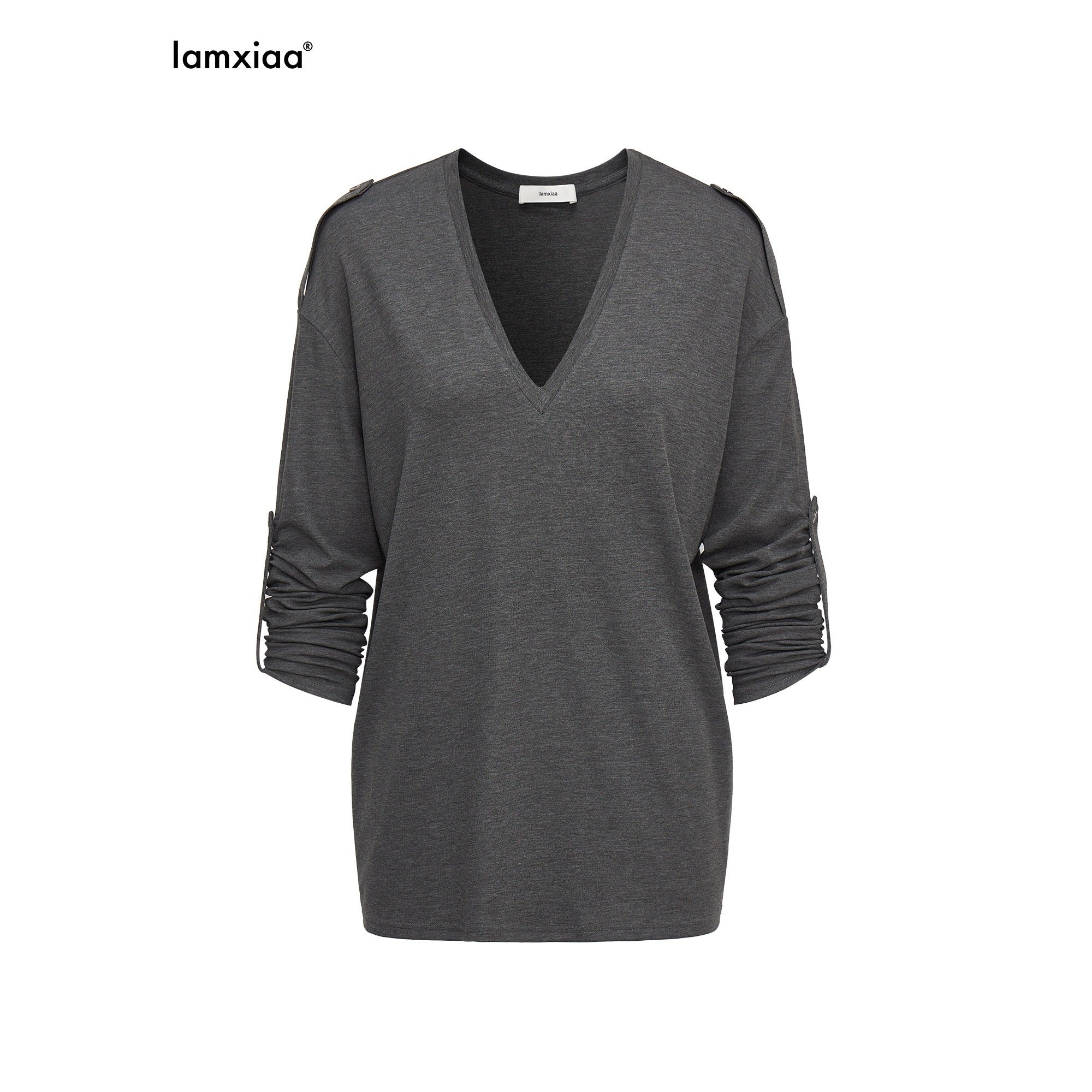 iamxiaa Narrow V-neck Epaulette Sleeve Tab Women's Lyocell Long Sleeve T-shirts 967381953918