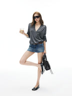 iamxiaa Narrow V-neck Epaulette Sleeve Tab Women's Lyocell Long Sleeve T-shirts