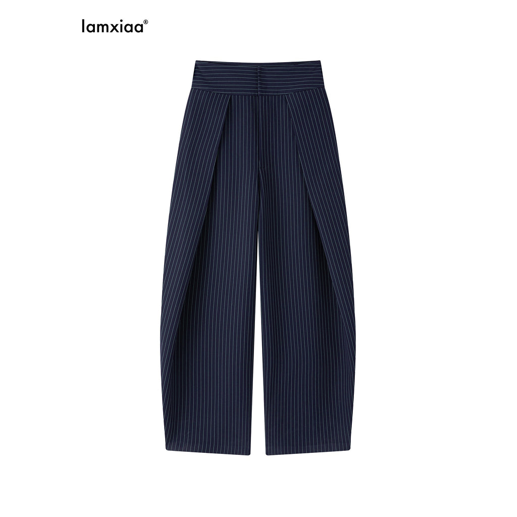 iamxiaa Navy Light Green Banker Stripe Pleated Low Waist Women's Wide-leg Pants 1037667078525