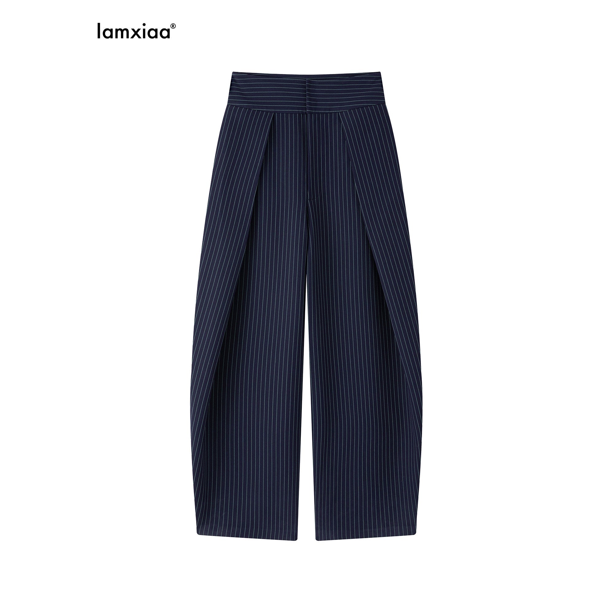 iamxiaa Navy Light Green Banker Stripe Pleated Low Waist Women's Wide-leg Pants 1037667078525