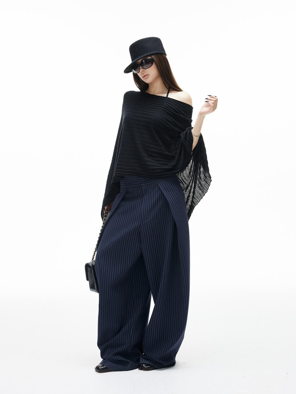 iamxiaa Navy Light Green Banker Stripe Pleated Low Waist Women's Wide-leg Pants