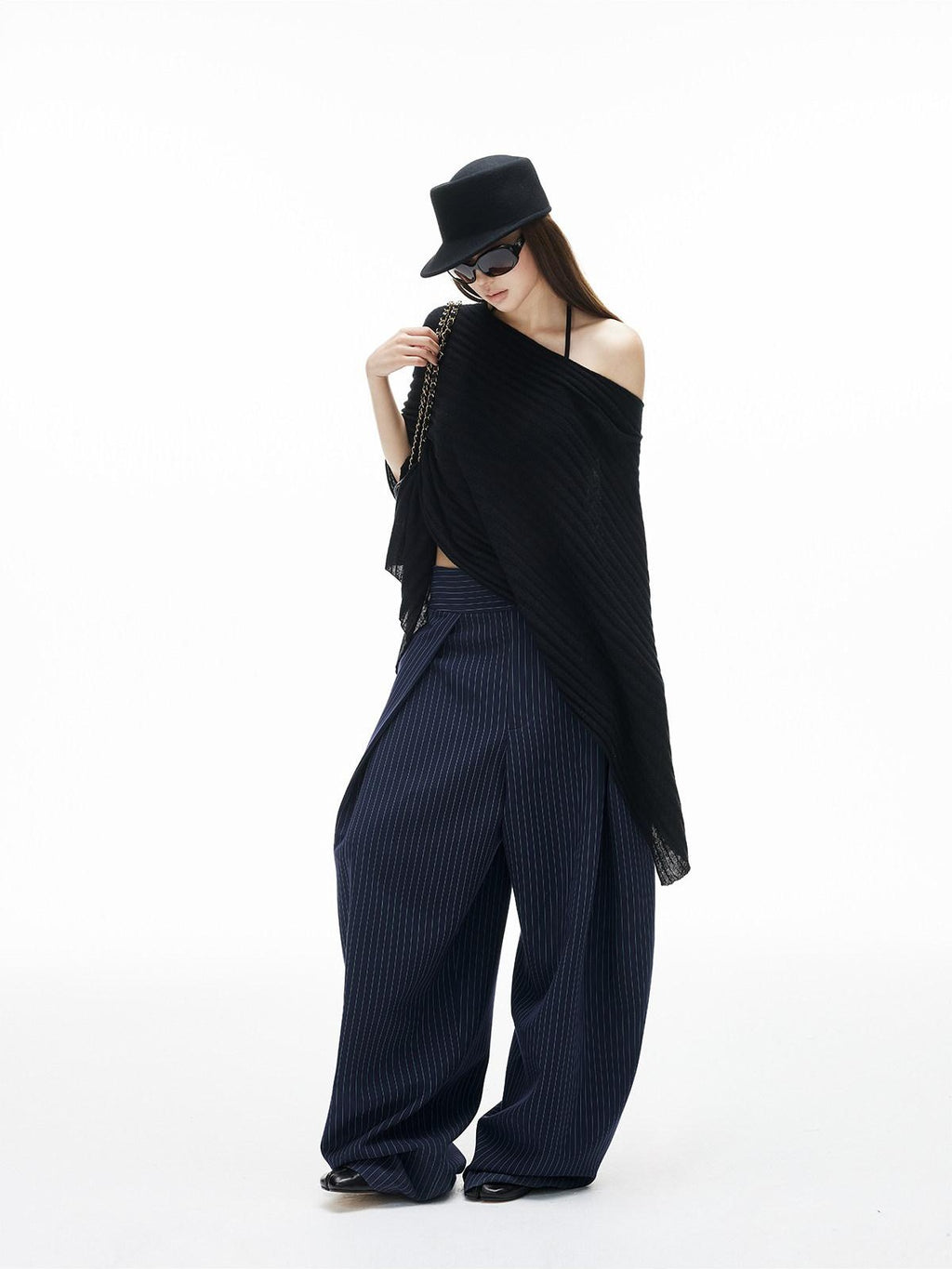 iamxiaa Navy Light Green Banker Stripe Pleated Low Waist Women's Wide-leg Pants