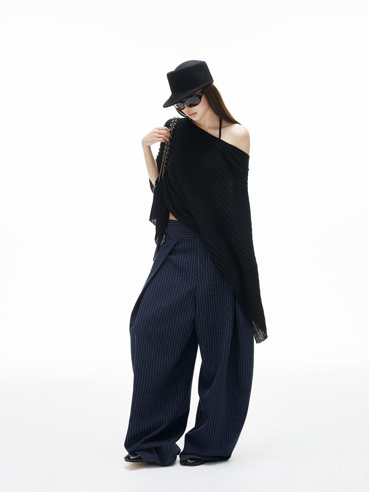 iamxiaa Navy Light Green Banker Stripe Pleated Low Waist Women's Wide-leg Pants
