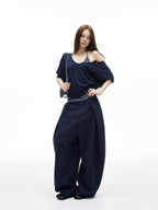 iamxiaa Navy Light Green Banker Stripe Pleated Low Waist Women's Wide-leg Pants
