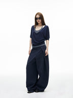iamxiaa Navy Light Green Banker Stripe Pleated Low Waist Women's Wide-leg Pants
