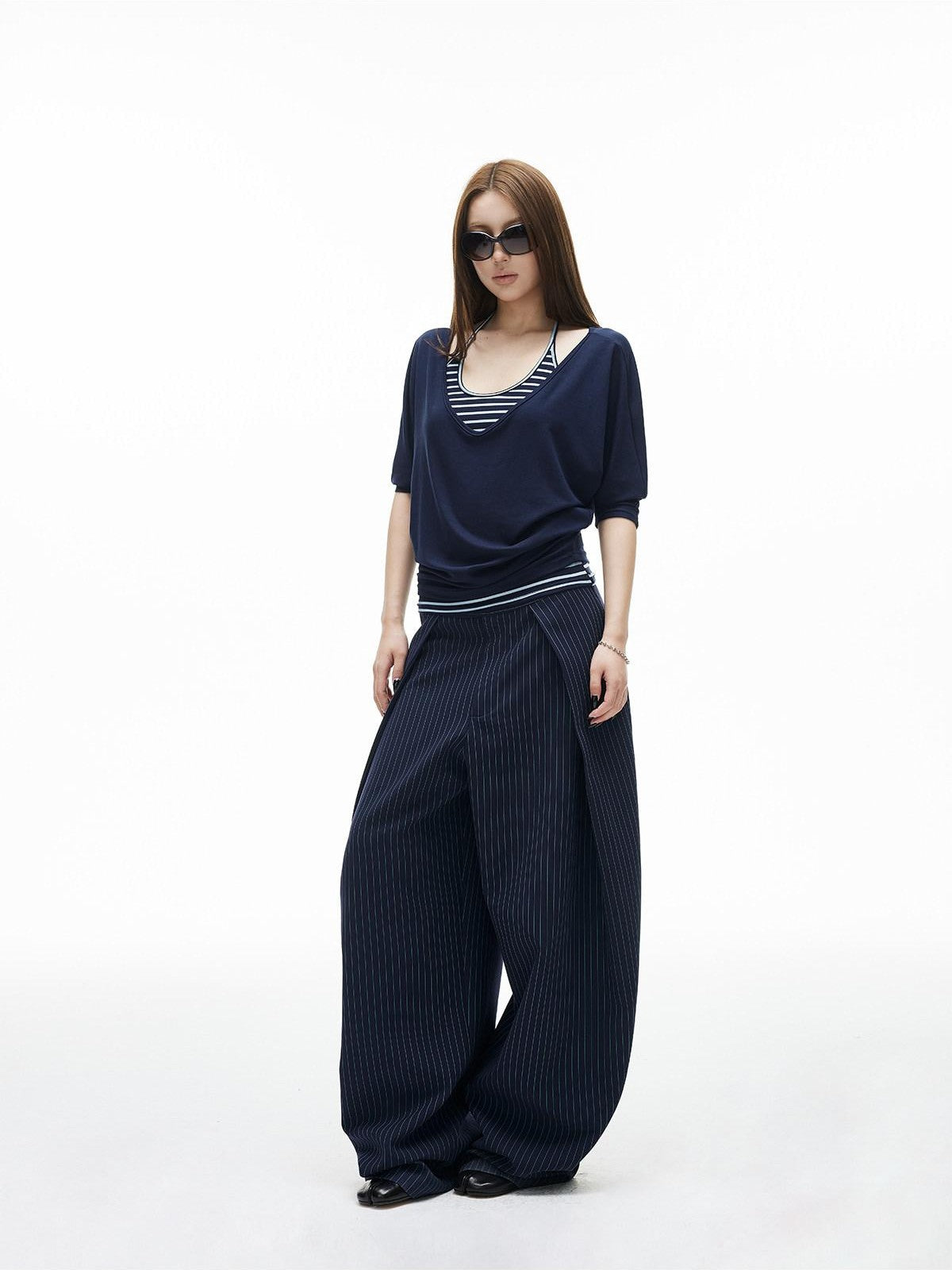 iamxiaa Navy Light Green Banker Stripe Pleated Low Waist Women's Wide-leg Pants