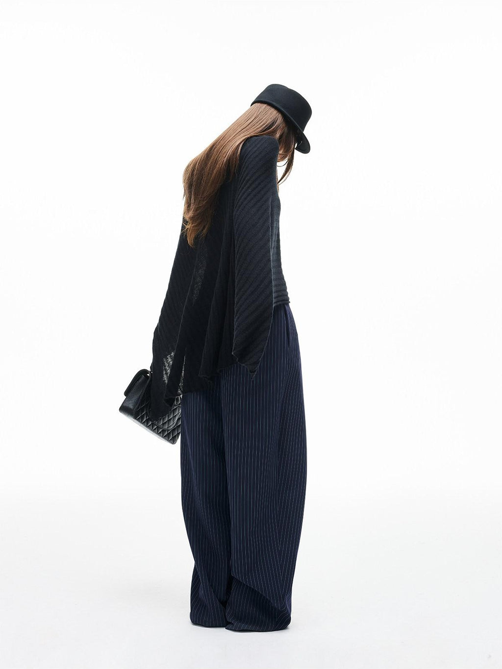 iamxiaa Navy Light Green Banker Stripe Pleated Low Waist Women's Wide-leg Pants