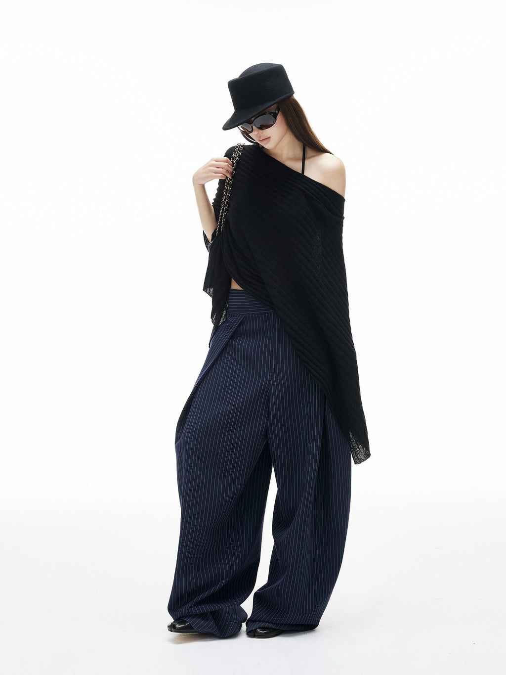 iamxiaa Navy Light Green Banker Stripe Pleated Low Waist Women's Wide-leg Pants