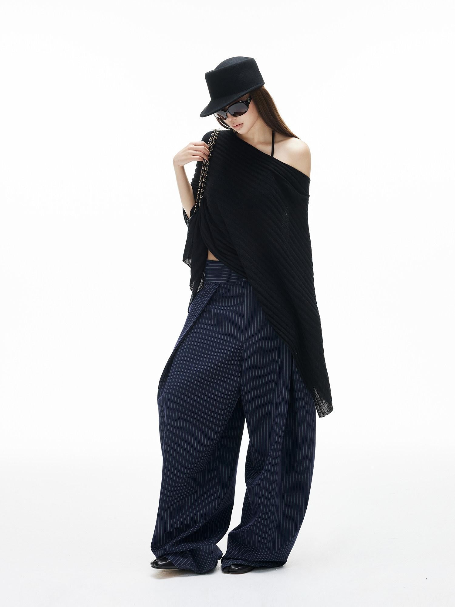 iamxiaa Navy Light Green Banker Stripe Pleated Low Waist Women's Wide-leg Pants