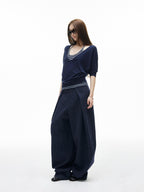 iamxiaa Navy Light Green Banker Stripe Pleated Low Waist Women's Wide-leg Pants