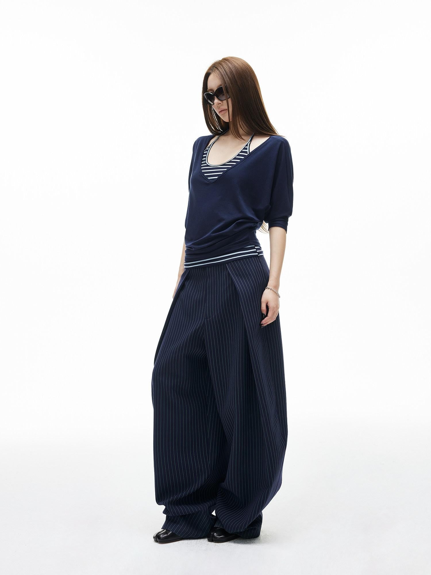iamxiaa Navy Light Green Banker Stripe Pleated Low Waist Women's Wide-leg Pants
