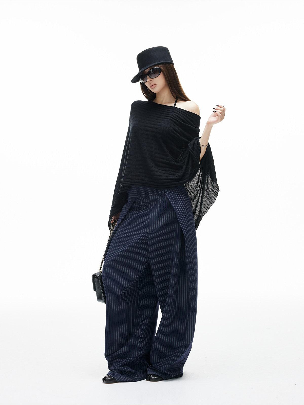 iamxiaa Navy Light Green Banker Stripe Pleated Low Waist Women's Wide-leg Pants