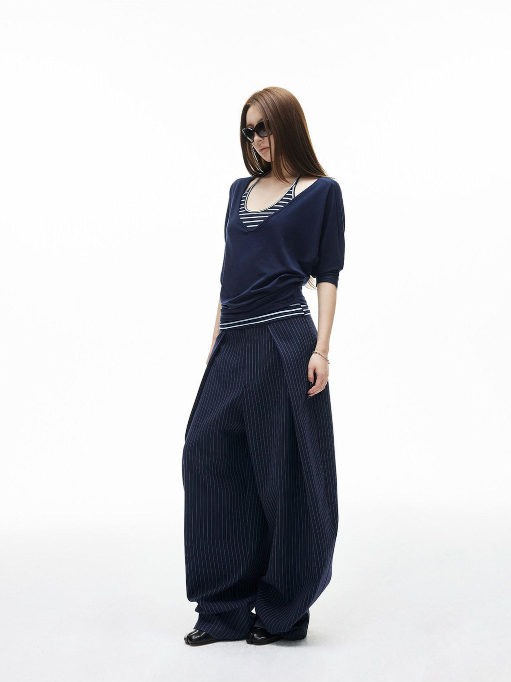 iamxiaa Navy Light Green Banker Stripe Pleated Low Waist Women's Wide-leg Pants