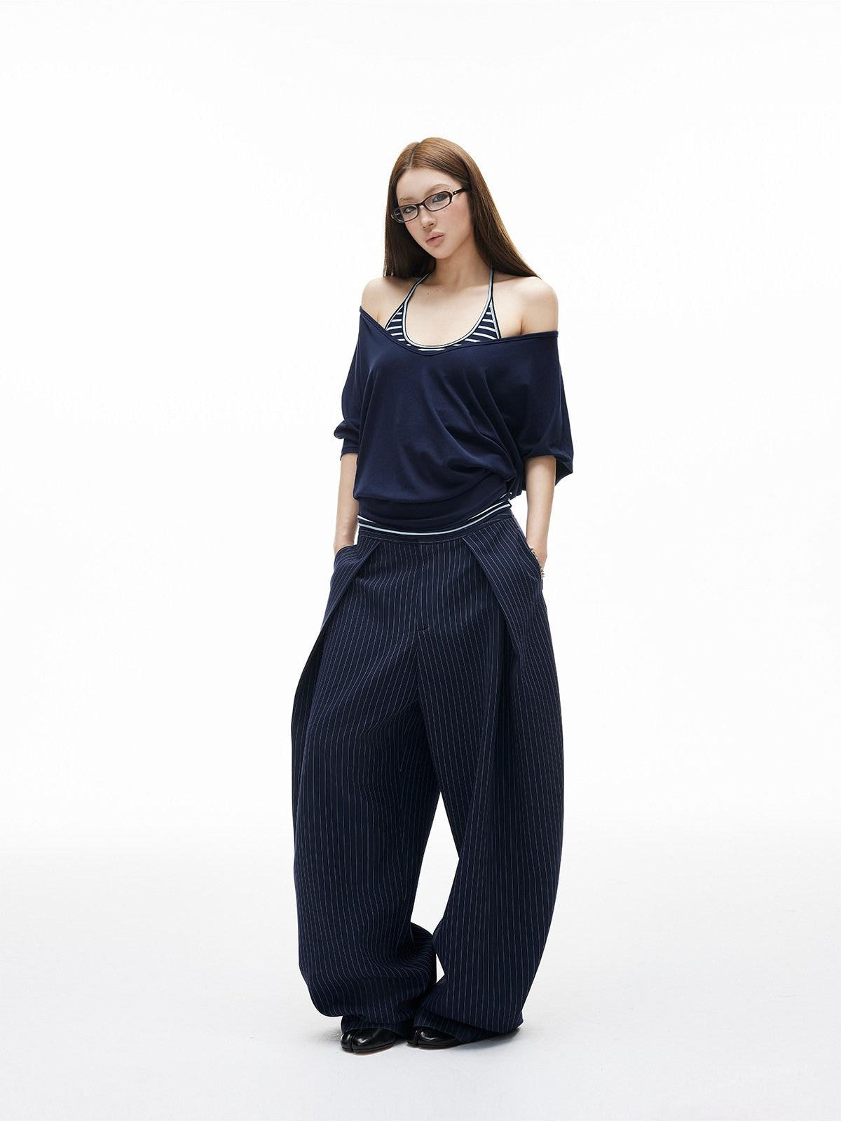 iamxiaa Navy Light Green Banker Stripe Pleated Low Waist Women's Wide-leg Pants