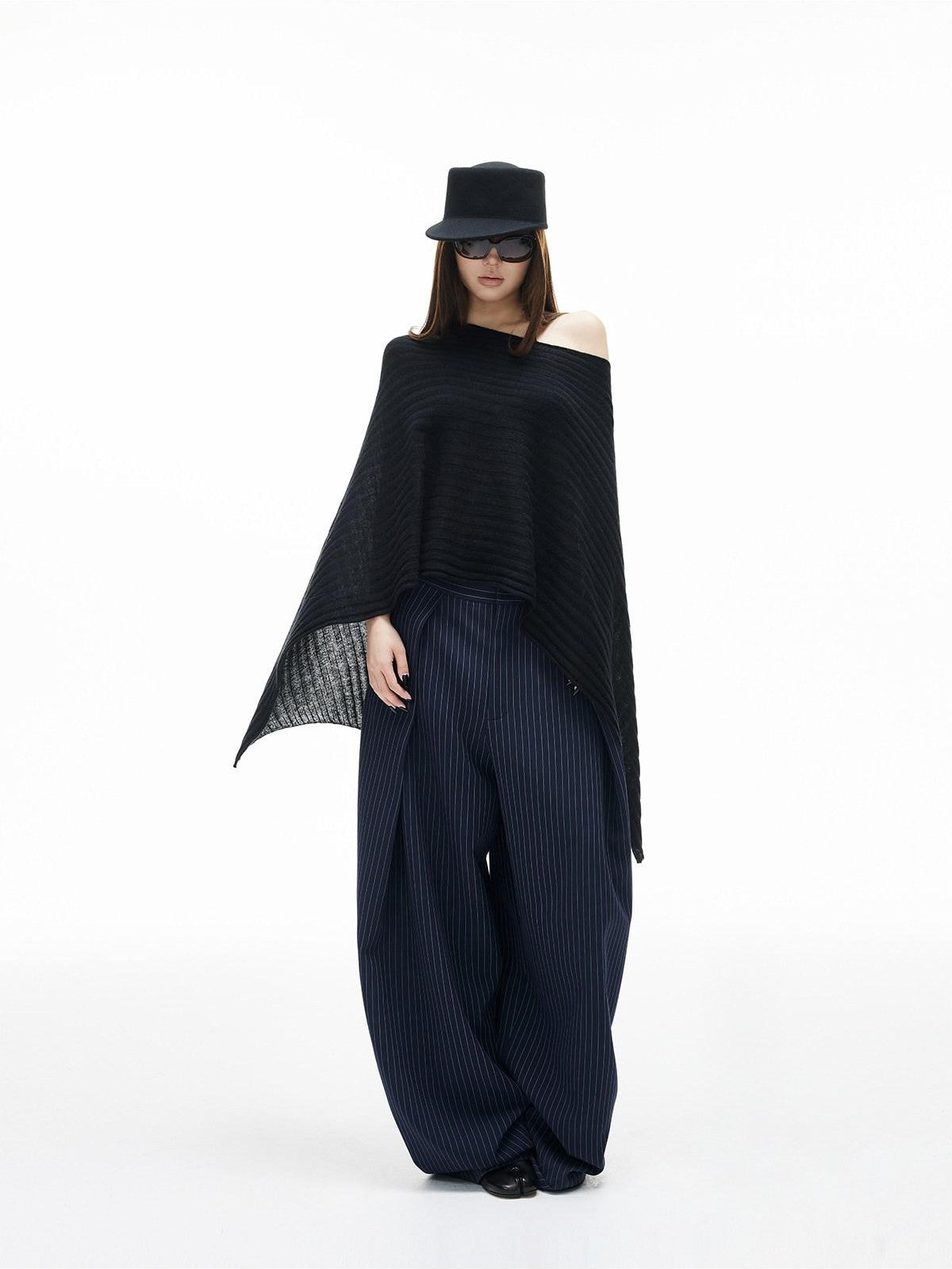 iamxiaa Navy Light Green Banker Stripe Pleated Low Waist Women's Wide-leg Pants