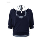 iamxiaa Navy Striped Panel V-neck Overlay U Neck Slim Women's Stretch Lyocell Camisoles 1037429590489