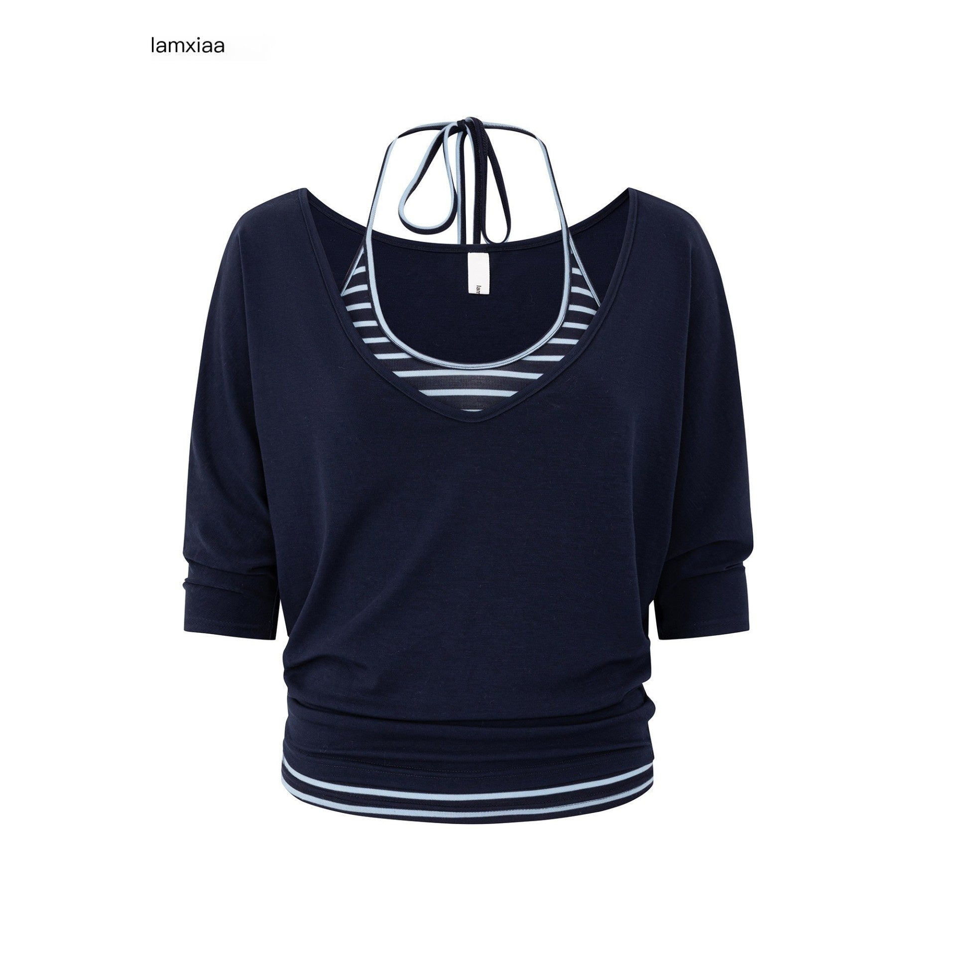 iamxiaa Navy Striped Panel V-neck Overlay U Neck Slim Women's Stretch Lyocell Camisoles 1037429590489