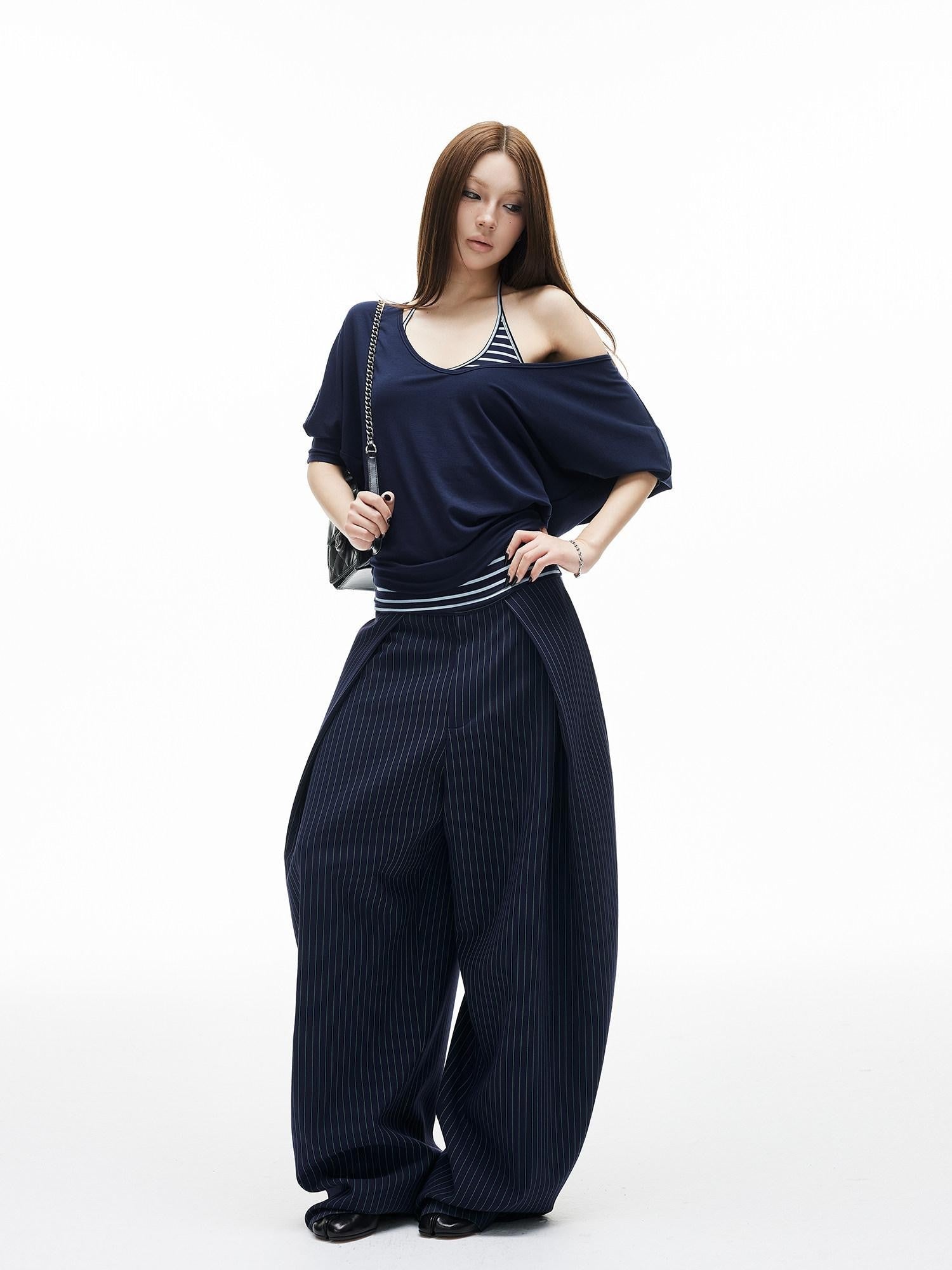 iamxiaa Navy Striped Panel V-neck Overlay U Neck Slim Women's Stretch Lyocell Camisoles