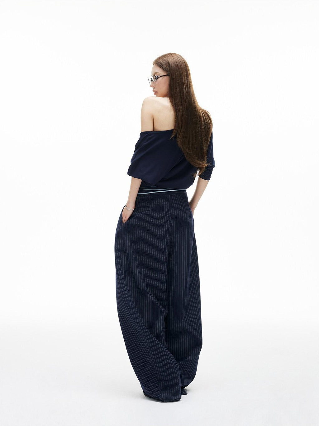 iamxiaa Navy Striped Panel V-neck Overlay U Neck Slim Women's Stretch Lyocell Camisoles