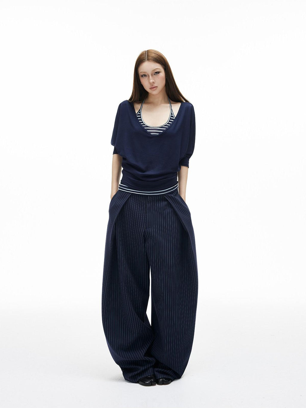 iamxiaa Navy Striped Panel V-neck Overlay U Neck Slim Women's Stretch Lyocell Camisoles