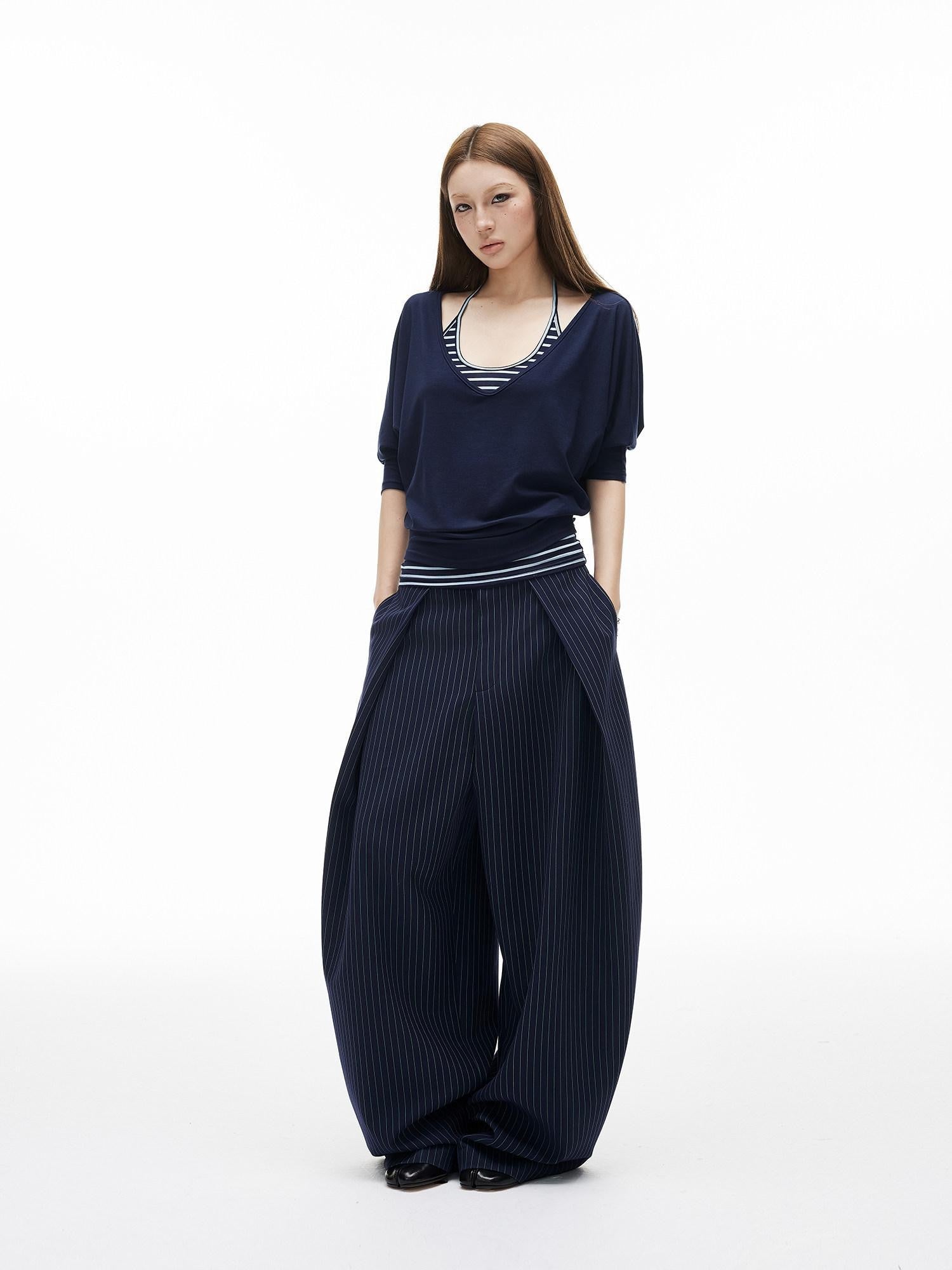 iamxiaa Navy Striped Panel V-neck Overlay U Neck Slim Women's Stretch Lyocell Camisoles