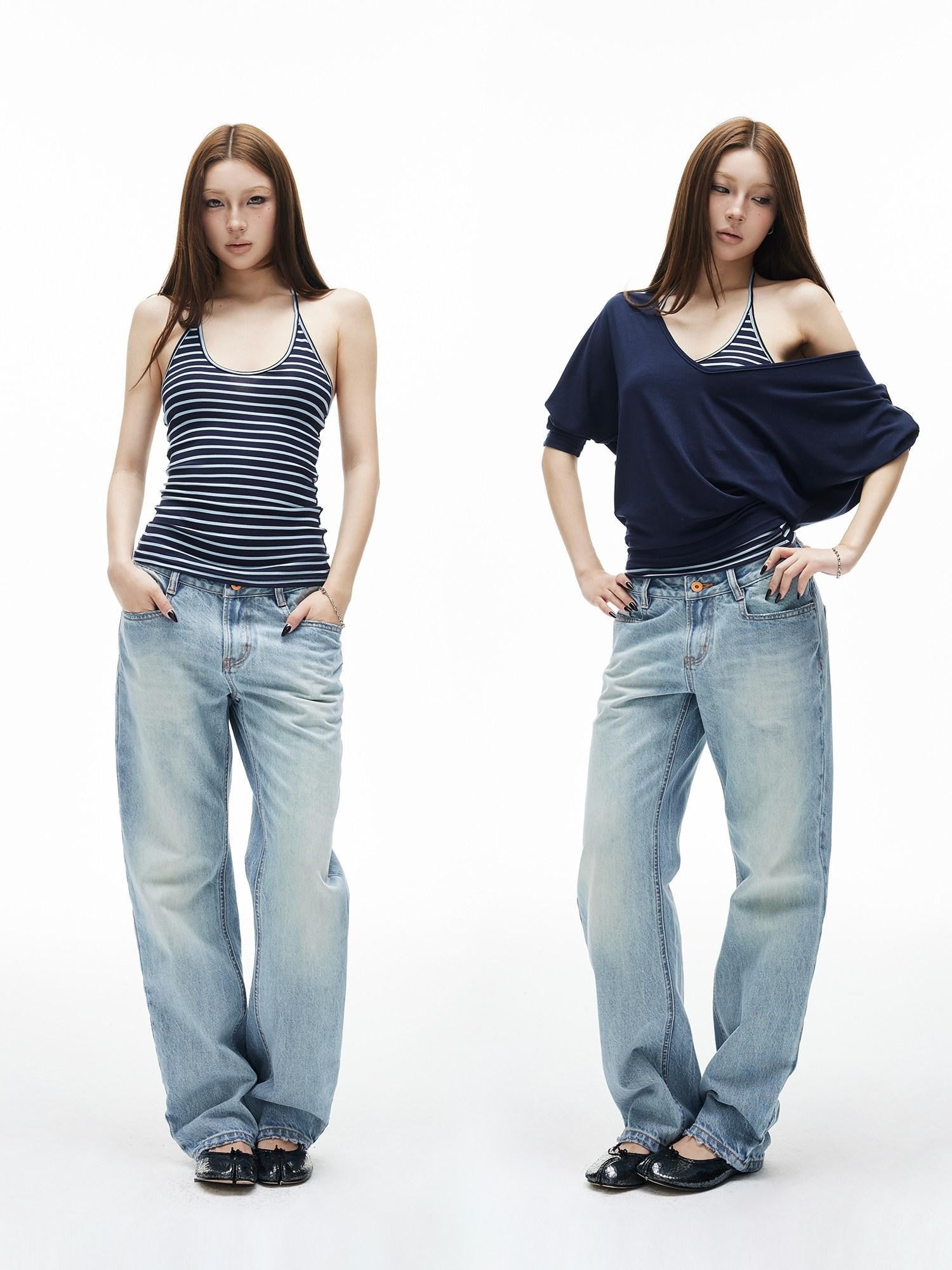 iamxiaa Navy Striped Panel V-neck Overlay U Neck Slim Women's Stretch Lyocell Camisoles