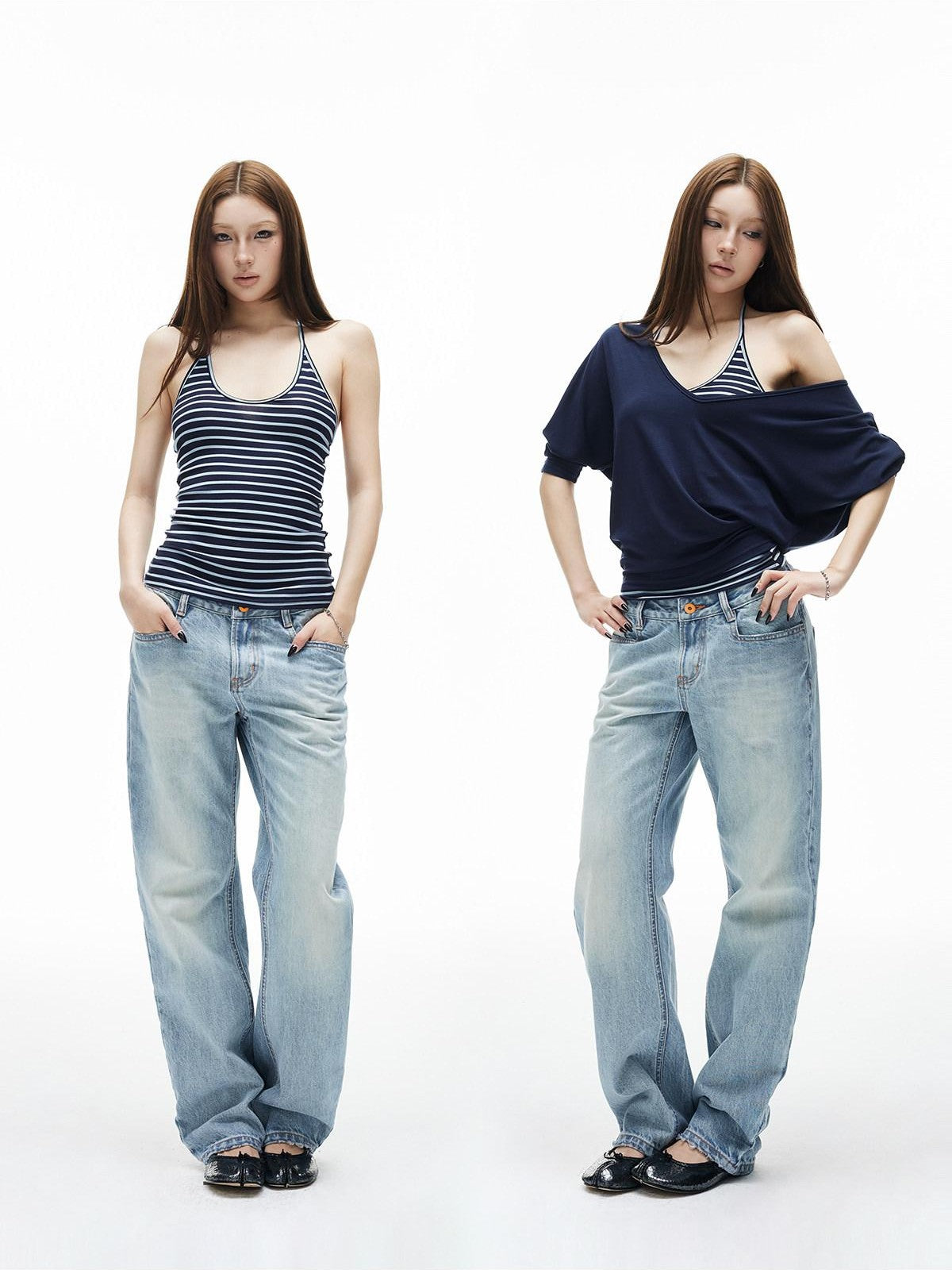 iamxiaa Navy Striped Panel V-neck Overlay U Neck Slim Women's Stretch Lyocell Camisoles