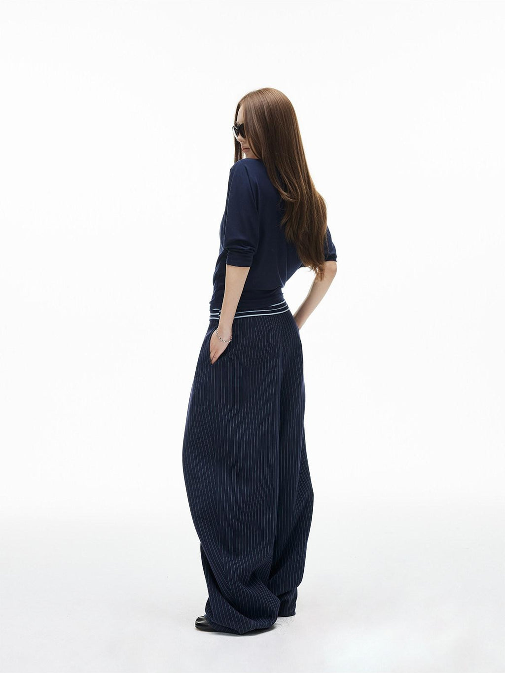 iamxiaa Navy Striped Panel V-neck Overlay U Neck Slim Women's Stretch Lyocell Camisoles
