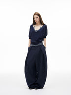 iamxiaa Navy Striped Panel V-neck Overlay U Neck Slim Women's Stretch Lyocell Camisoles