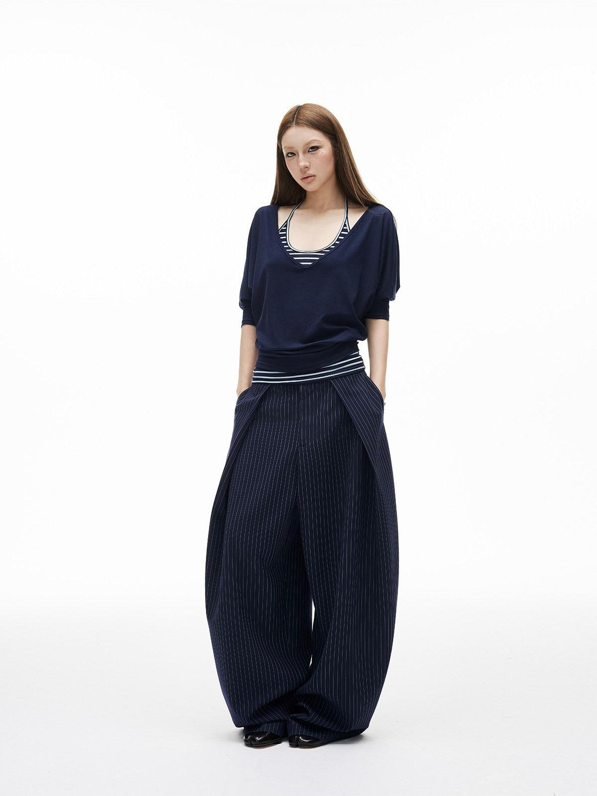 iamxiaa Navy Striped Panel V-neck Overlay U Neck Slim Women's Stretch Lyocell Camisoles