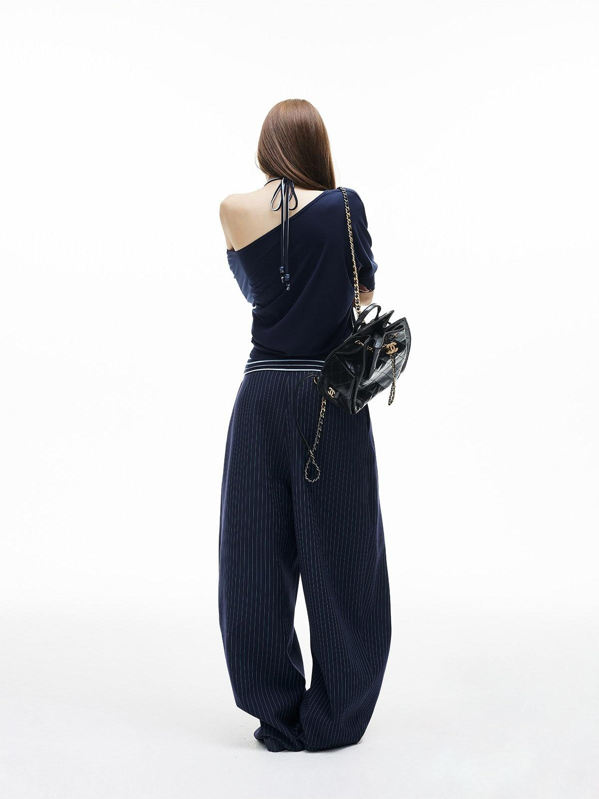 iamxiaa Navy Striped Panel V-neck Overlay U Neck Slim Women's Stretch Lyocell Camisoles