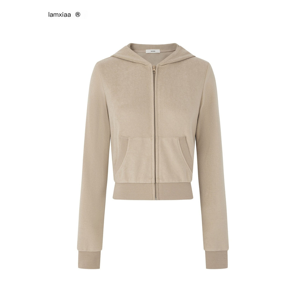iamxiaa Nude Khaki Terry Crop Hoodie Low Rise Straight Pants Women's Top & Pants Sets 960340285463