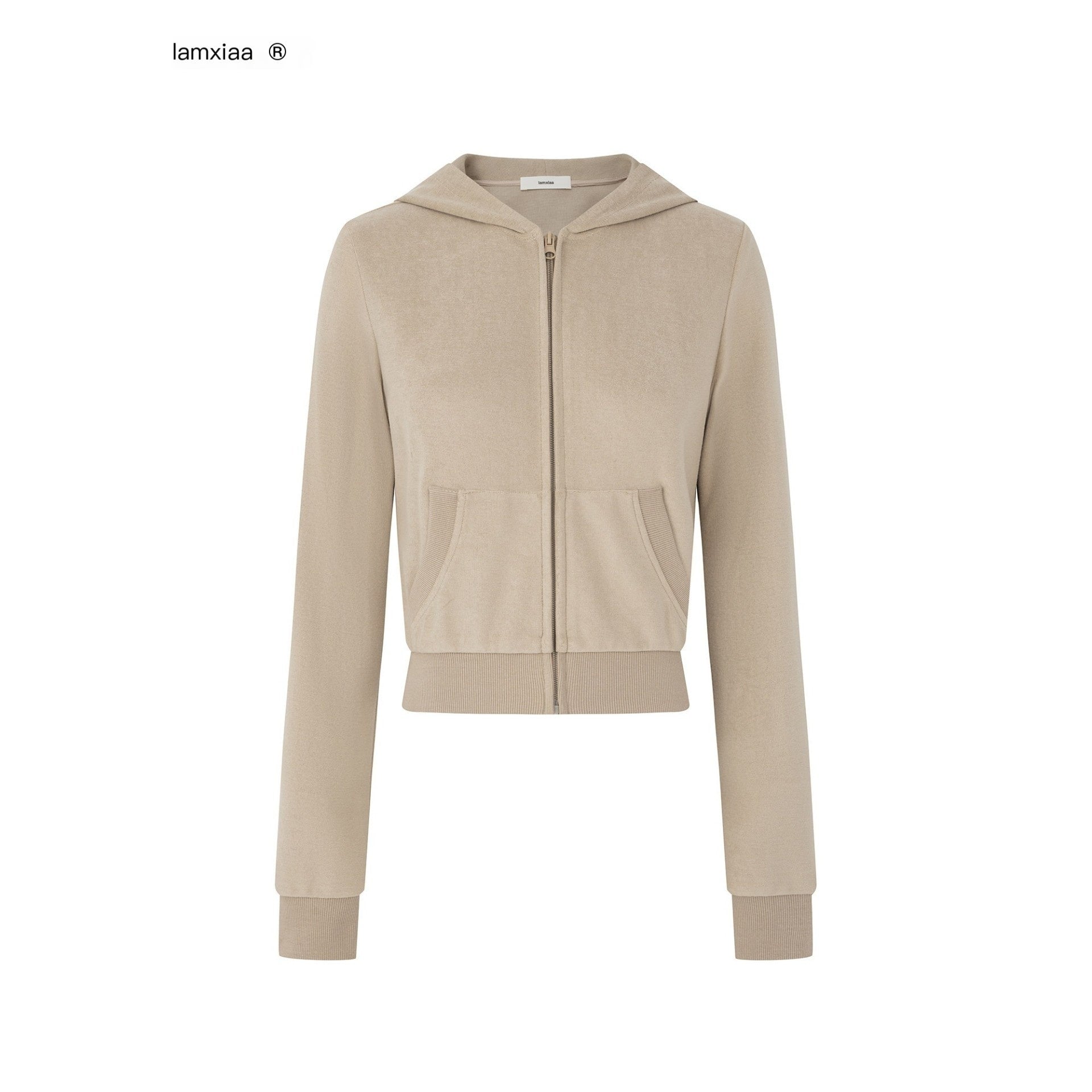 iamxiaa Nude Khaki Terry Crop Hoodie Low Rise Straight Pants Women's Top & Pants Sets 960340285463