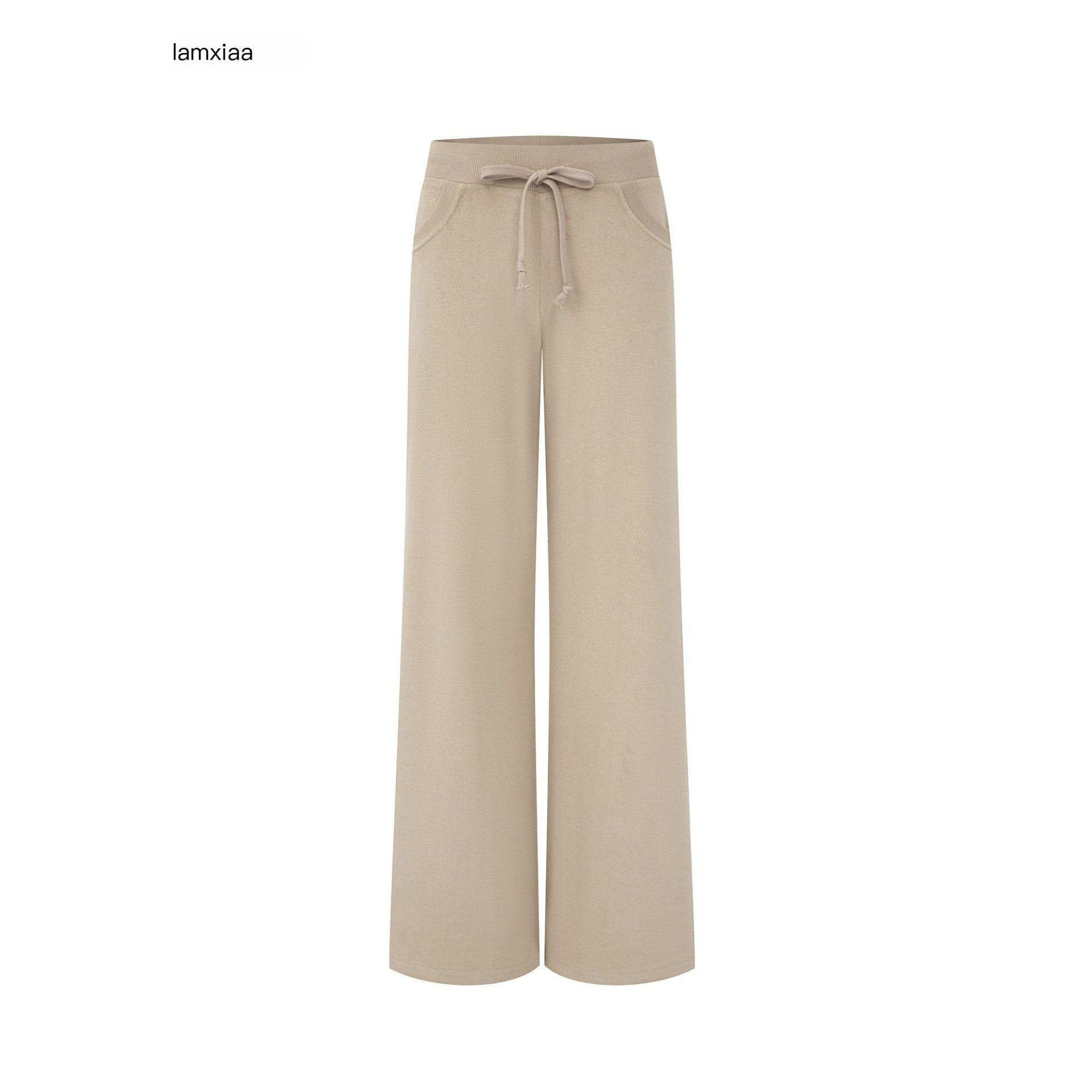 iamxiaa Nude Khaki Terry Crop Hoodie Low Rise Straight Pants Women's Top & Pants Sets 960340285463