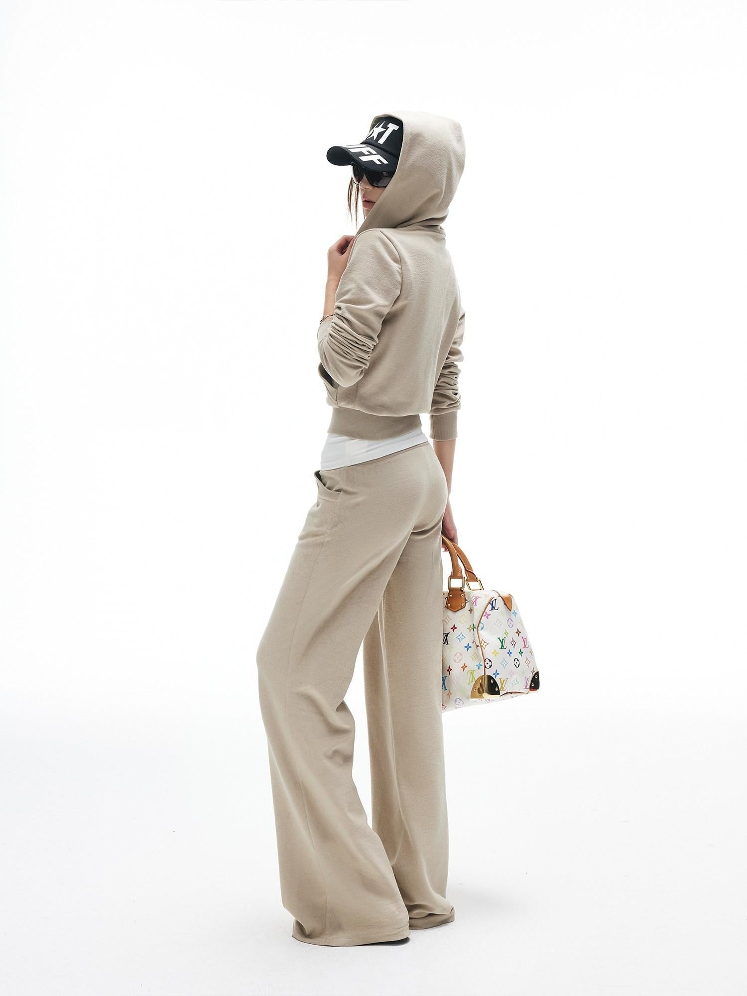 iamxiaa Nude Khaki Terry Crop Hoodie Low Rise Straight Pants Women's Top & Pants Sets