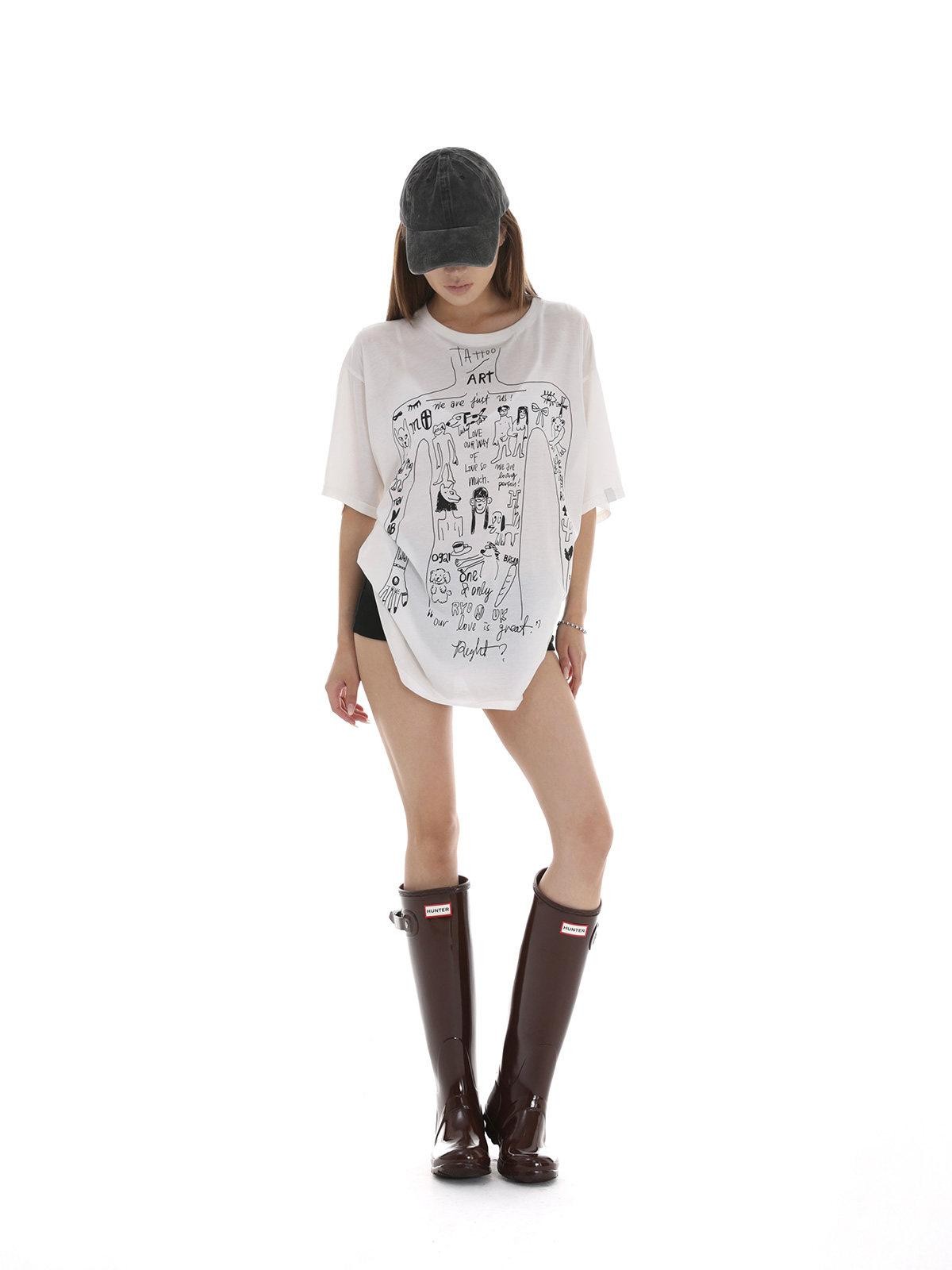 iamxiaa Oversized Micro Sheer Printed Women's Lyocell Short Sleeve T-shirts