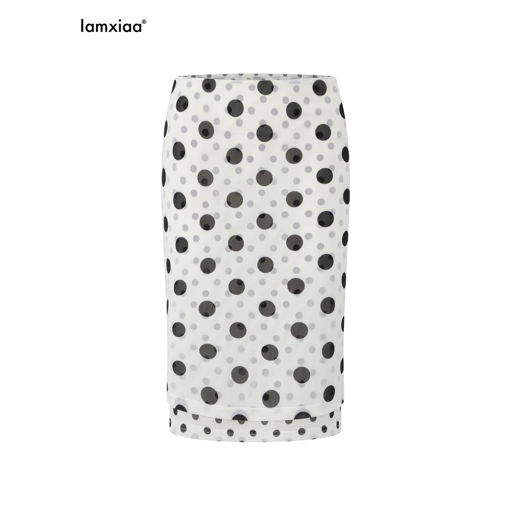 iamxiaa Polka Dot Double Layer Low Waist Bodycon Women's Thick Mesh Tulle Midi Skirts 936985700544