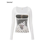 iamxiaa Portrait Print Doublelayer Ripped Slim Women's Cotton Modal Long Sleeve T-shirts 972843188026