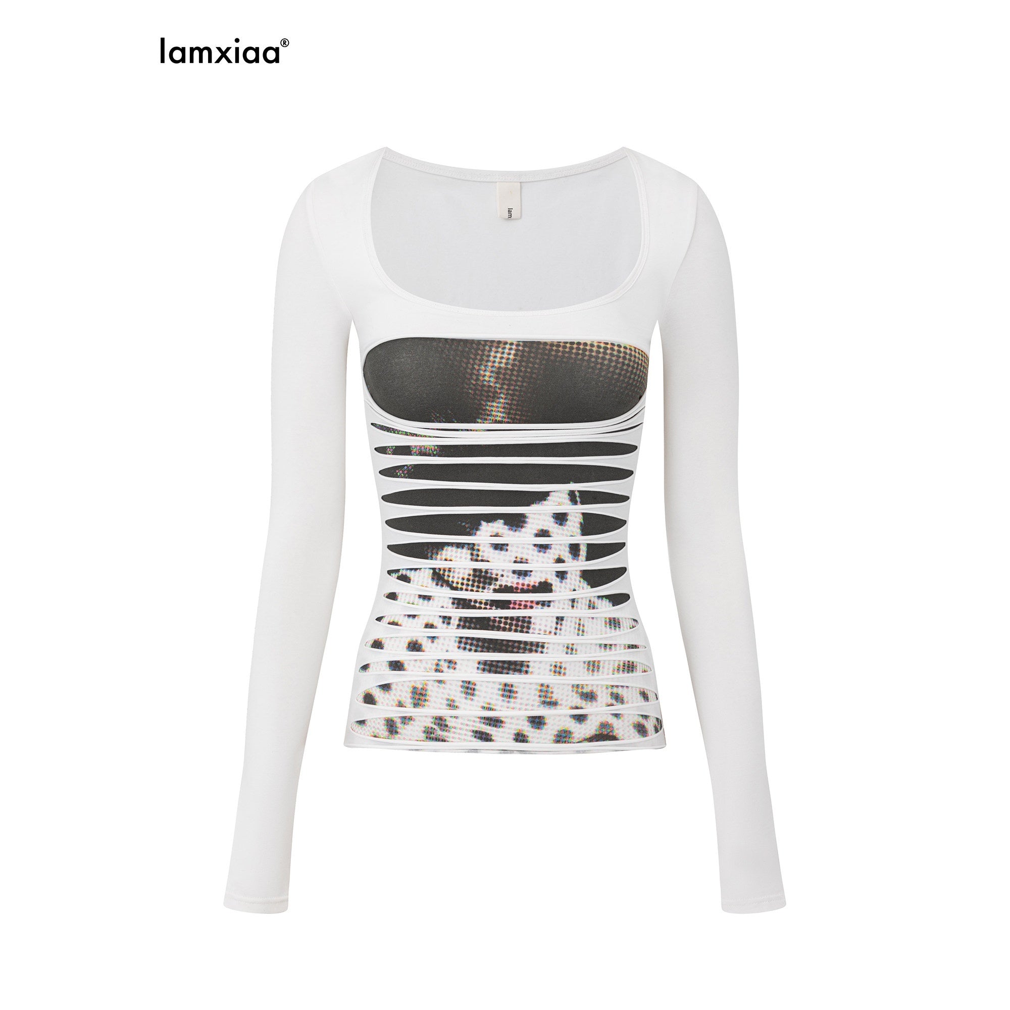 iamxiaa Portrait Print Doublelayer Ripped Slim Women's Cotton Modal Long Sleeve T-shirts 972843188026