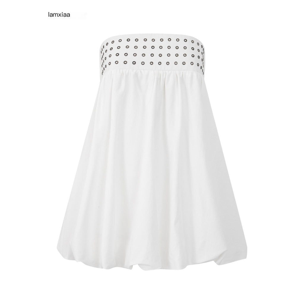 iamxiaa Puffed Bandeau Metal Ring Embellished A Line Women's Lyocell Cotton Midi Skirts 1048715824306
