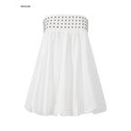 iamxiaa Puffed Bandeau Metal Ring Embellished A Line Women's Lyocell Cotton Midi Skirts 1048715824306
