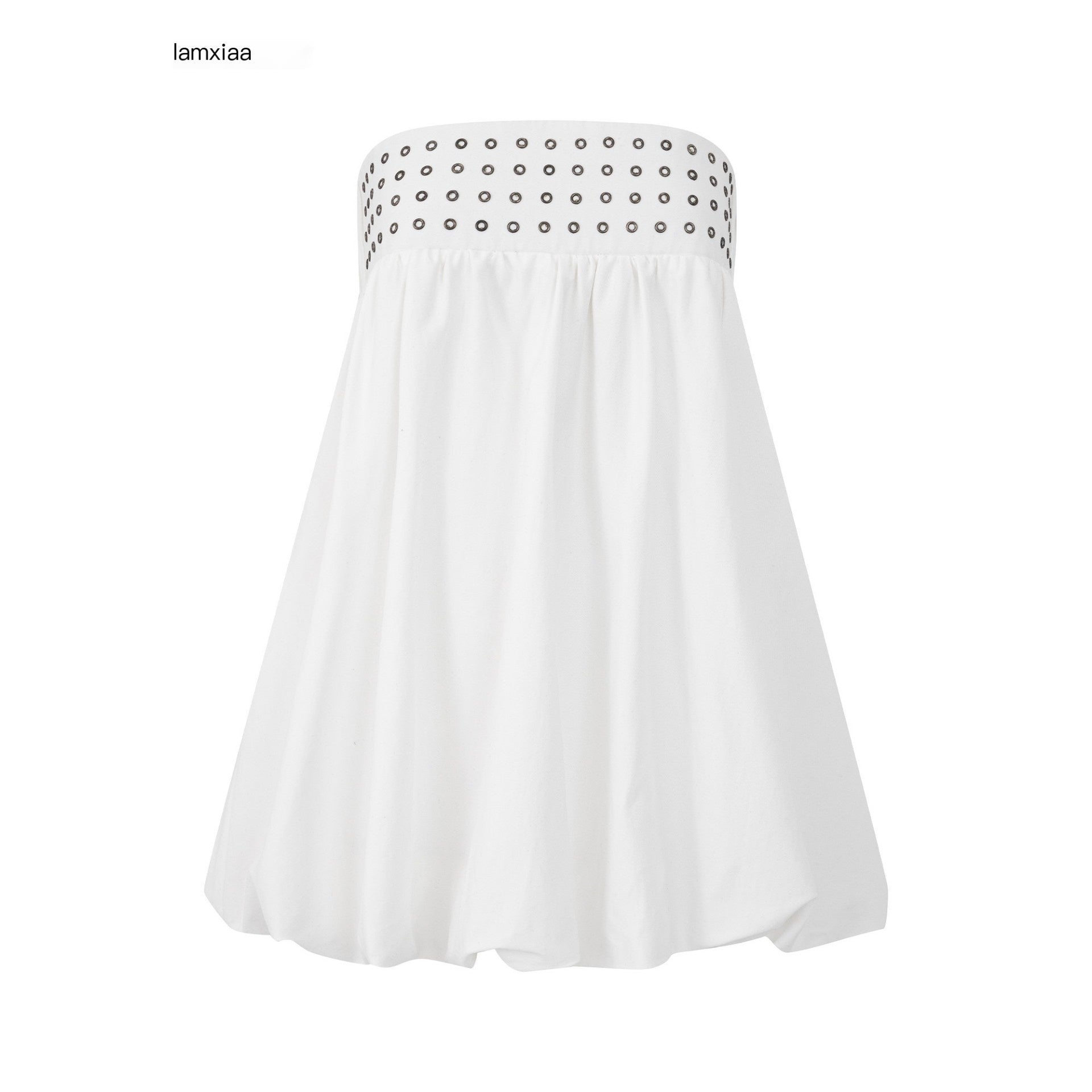 iamxiaa Puffed Bandeau Metal Ring Embellished A Line Women's Lyocell Cotton Midi Skirts 1048715824306