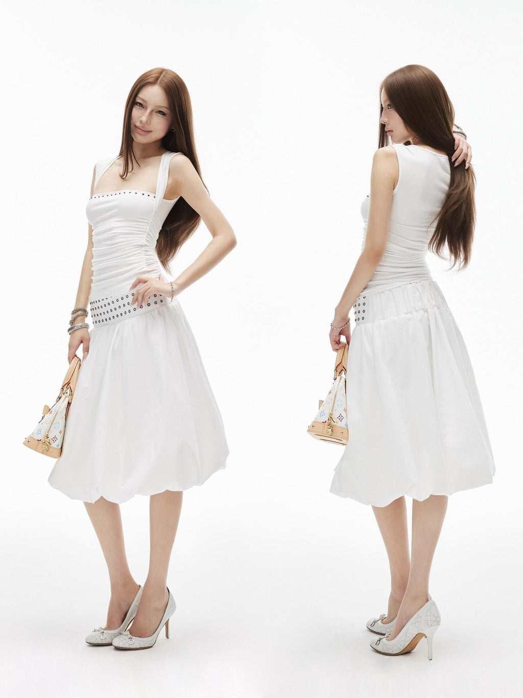 iamxiaa Puffed Bandeau Metal Ring Embellished A Line Women's Lyocell Cotton Midi Skirts